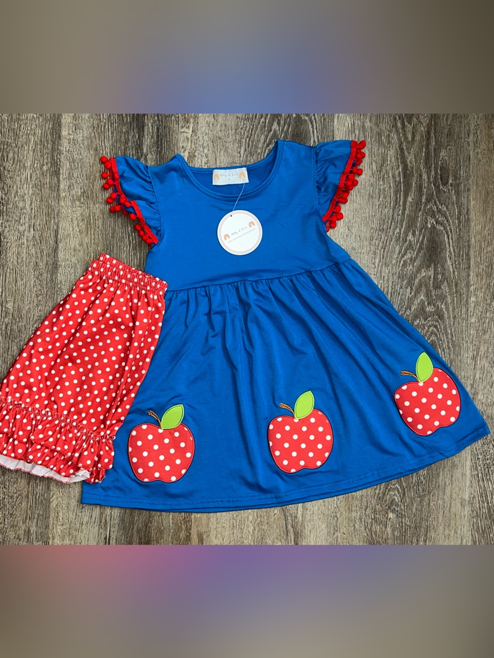 Girls Blue Apple Print Matching Set with Red Polka Dot Shorts